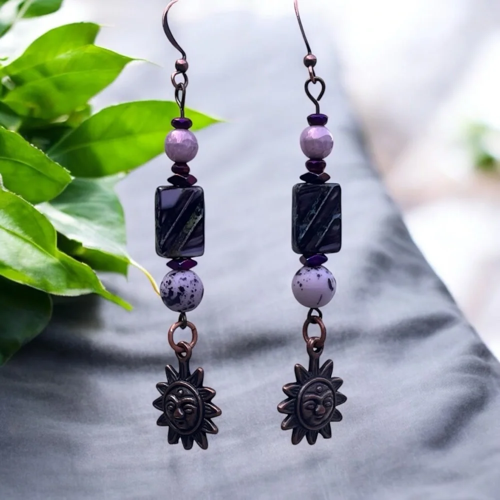 Handcrafted Sun Charm Dangle Earrings in Purple and Copper - Picture 7 of 13